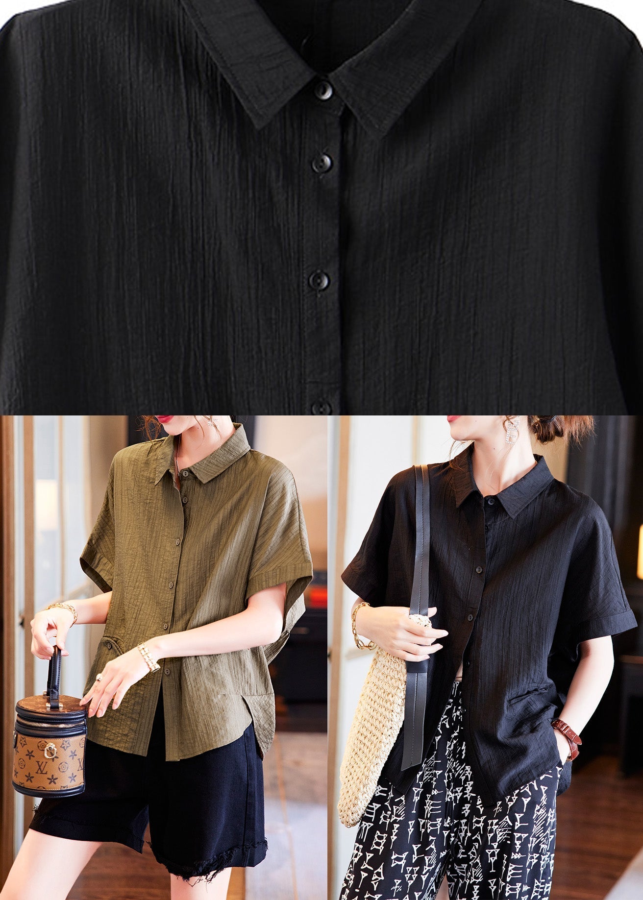 Black Low High Design Button Solid Silk Shirt Summer LY6171 - fabuloryshop