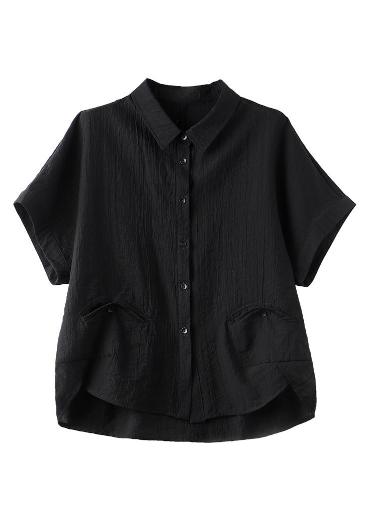 Black Low High Design Button Solid Silk Shirt Summer LY6171 - fabuloryshop