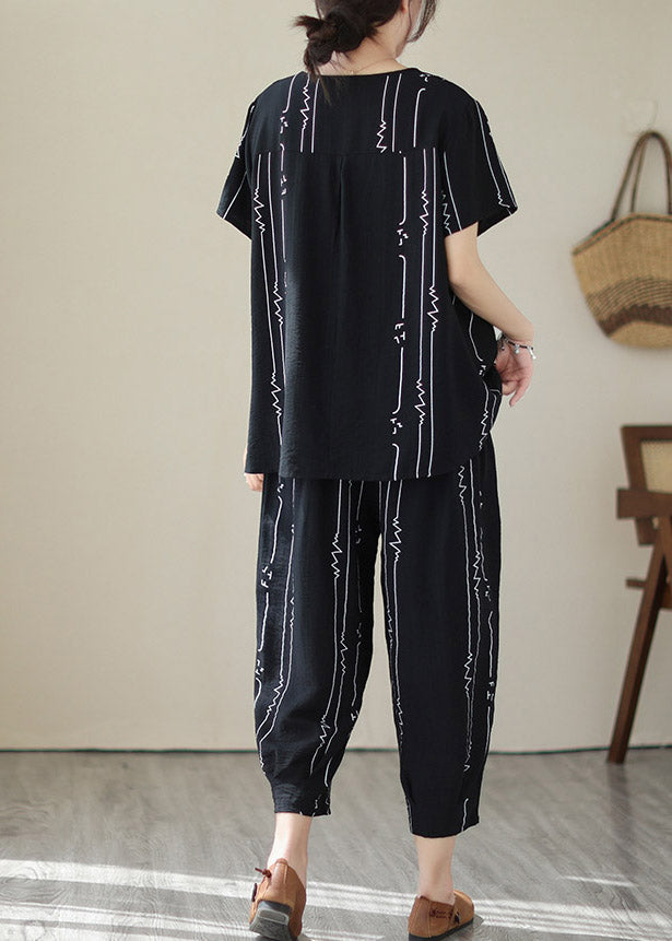 Black Low High Design Top And Harem Pants Two Piece Set Short Sleeve LY3057 - fabuloryshop