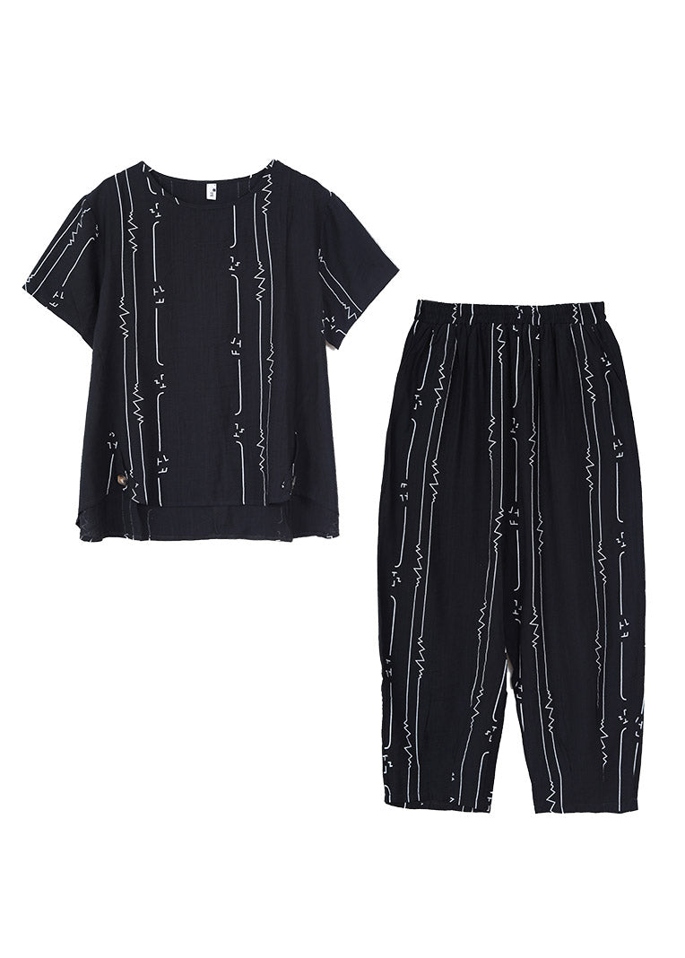 Black Low High Design Top And Harem Pants Two Piece Set Short Sleeve LY3057 - fabuloryshop