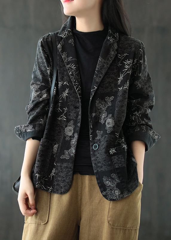 Black Notched Patchwork Button Denim Coats Fall Ada Fashion