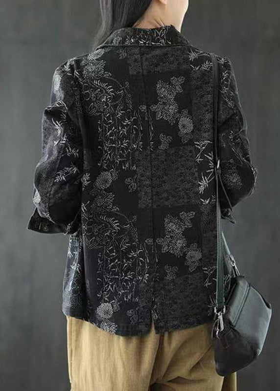 Black Notched Patchwork Button Denim Coats Fall Ada Fashion