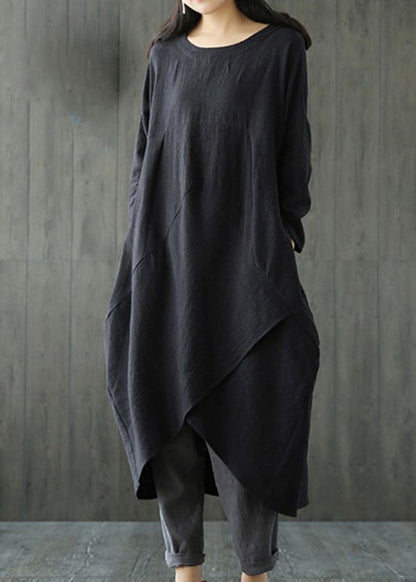 Black O-Neck Asymmetrical Linen Long Dress Long Sleeve LC0002 - fabuloryshop