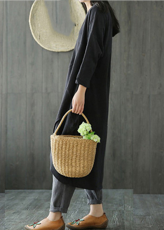 Black O-Neck Asymmetrical Linen Long Dress Long Sleeve LC0002 - fabuloryshop