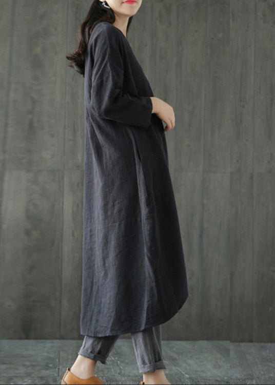Black O-Neck Asymmetrical Linen Long Dress Long Sleeve LC0002 - fabuloryshop