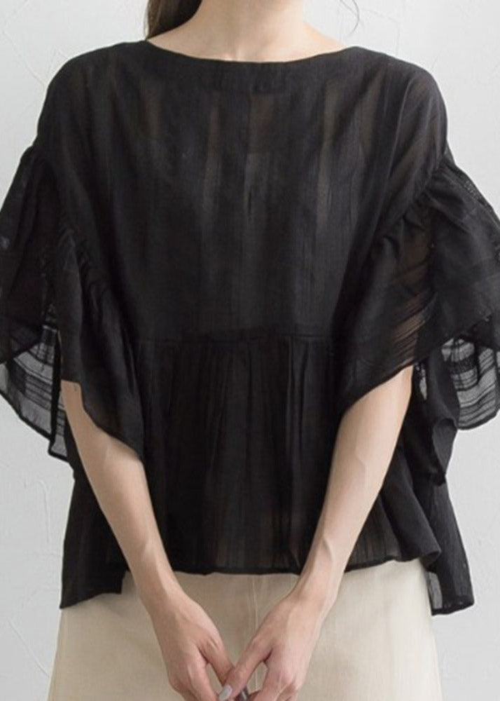 Black O-Neck Lantern Sleeve Shirt Lantern Sleeve LY2161 - fabuloryshop