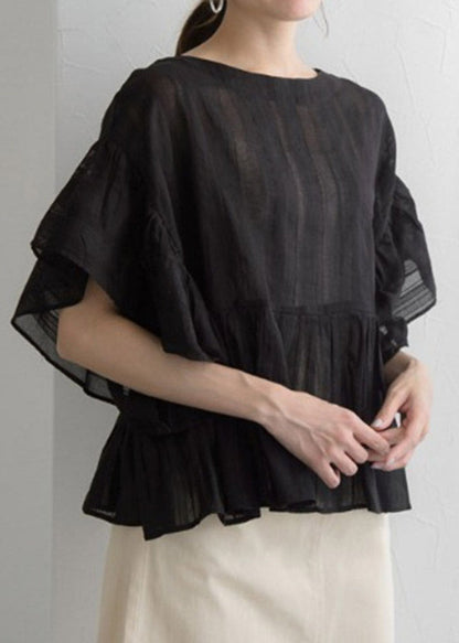 Black O-Neck Lantern Sleeve Shirt Lantern Sleeve LY2161 - fabuloryshop