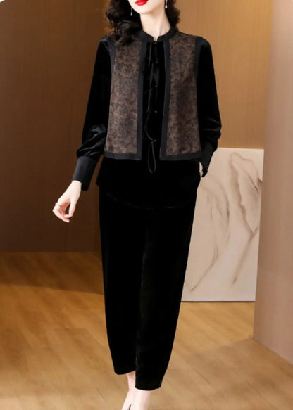 Black O-Neck Print Silk Velour Shirts And Harem Pants Two Pieces Set Fall Ada Fashion