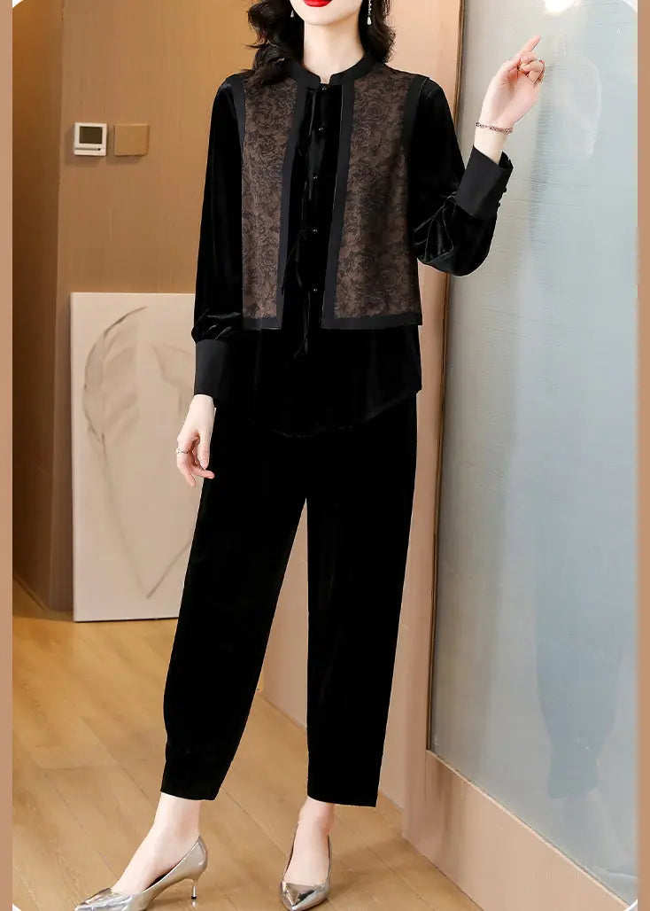 Black O-Neck Print Silk Velour Shirts And Harem Pants Two Pieces Set Fall Ada Fashion