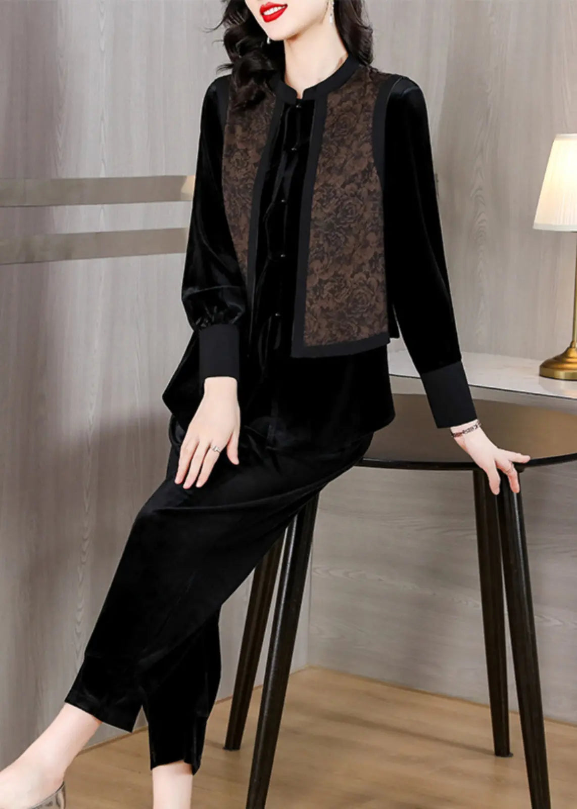 Black O-Neck Print Silk Velour Shirts And Harem Pants Two Pieces Set Fall Ada Fashion