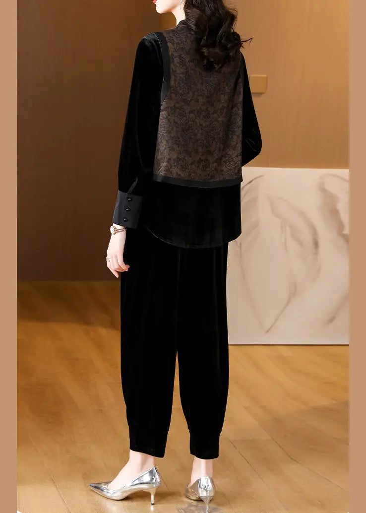 Black O-Neck Print Silk Velour Shirts And Harem Pants Two Pieces Set Fall Ada Fashion