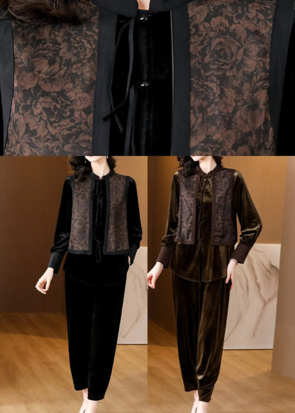 Black O-Neck Print Silk Velour Shirts And Harem Pants Two Pieces Set Fall Ada Fashion