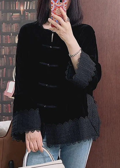 Black O-Neck Silk Velour Coats Fall Ada Fashion