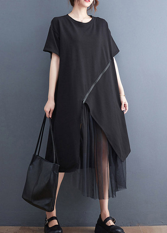 Black O-Neck Zippered Cozy Long Dress Short Sleeve LY2959 - fabuloryshop