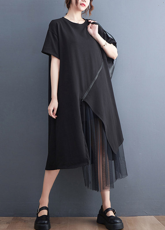 Black O-Neck Zippered Cozy Long Dress Short Sleeve LY2959 - fabuloryshop