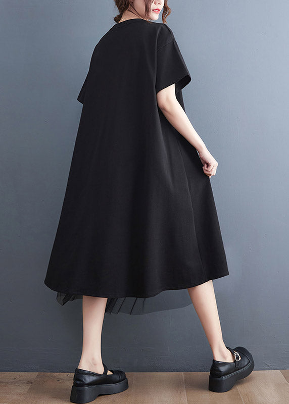 Black O-Neck Zippered Cozy Long Dress Short Sleeve LY2959 - fabuloryshop