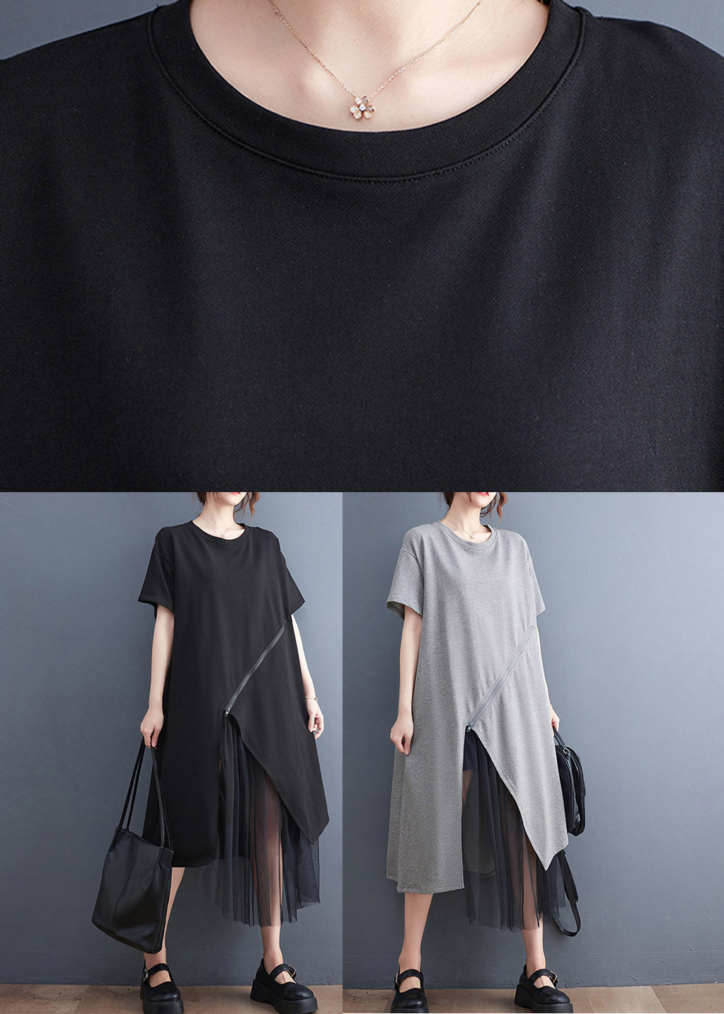 Black O-Neck Zippered Cozy Long Dress Short Sleeve LY2959 - fabuloryshop