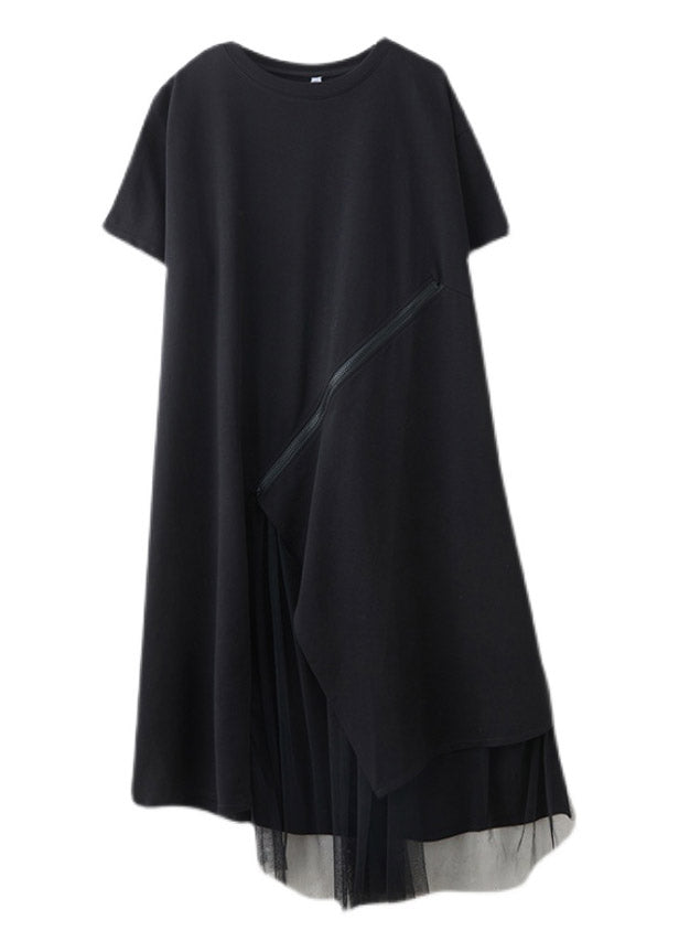 Black O-Neck Zippered Cozy Long Dress Short Sleeve LY2959 - fabuloryshop