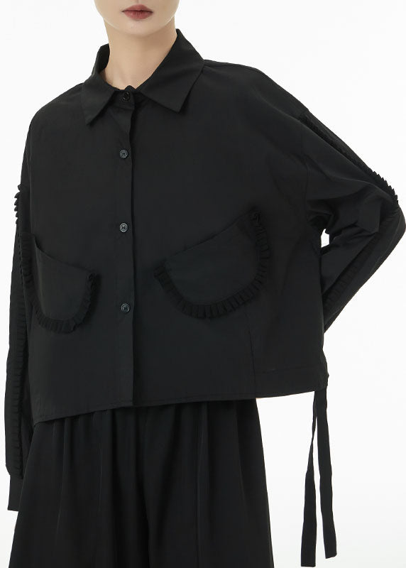 Black Original Design Cotton Shirt Top Peter Pan Collar Pockets Spring TS1054 - fabuloryshop