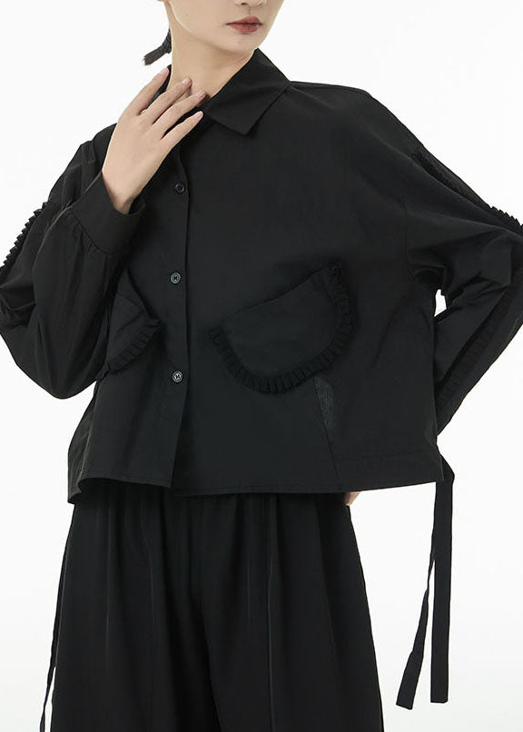 Black Original Design Cotton Shirt Top Peter Pan Collar Pockets Spring LC0102 - fabuloryshop