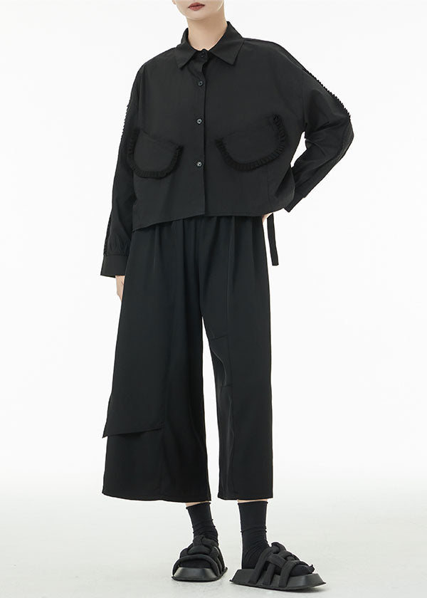 Black Original Design Cotton Shirt Top Peter Pan Collar Pockets Spring TS1054