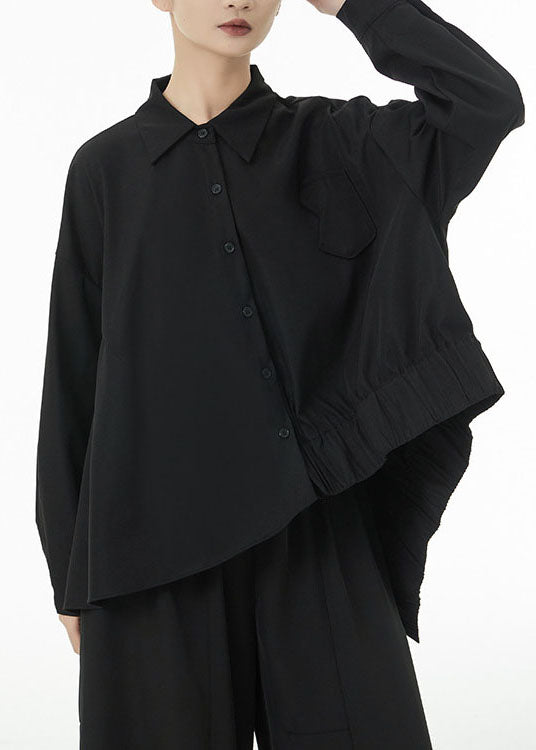 Black Oversized Cotton Blouse Tops Low High Design Batwing Sleeve TS1072 - fabuloryshop