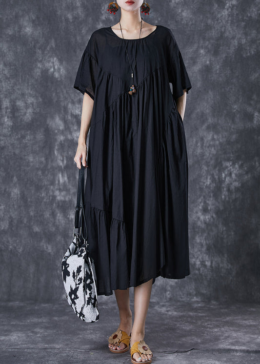 Black Oversized Cotton Dresses Asymmetrical Wrinkled Flare Sleeve LY7093 - fabuloryshop