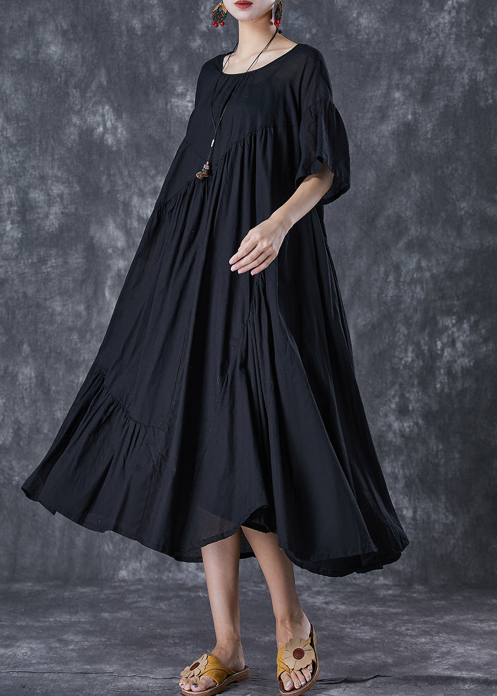 Black Oversized Cotton Dresses Asymmetrical Wrinkled Flare Sleeve LY7093 - fabuloryshop