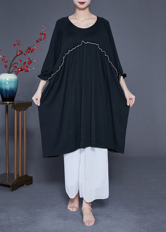 Black Oversized Cotton Long Dress O-Neck Ruffled Summer LY2886 - fabuloryshop