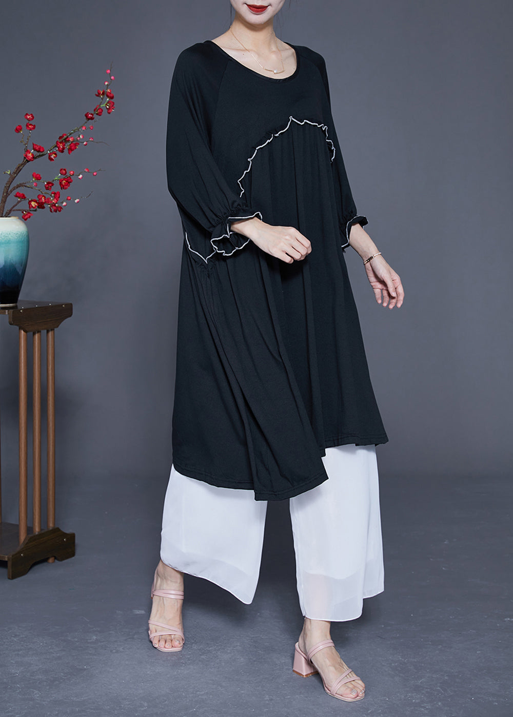 Black Oversized Cotton Long Dress O-Neck Ruffled Summer LY2886 - fabuloryshop