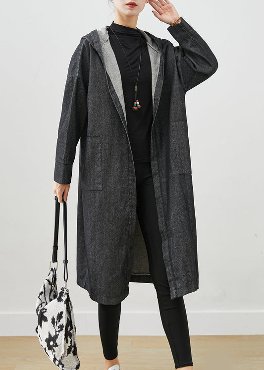 Black Oversized Denim Trench Coats Hooded Pockets Fall Ada Fashion