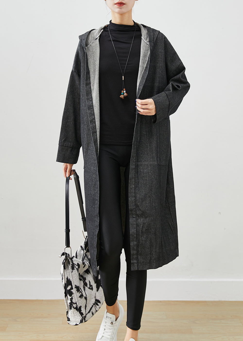 Black Oversized Denim Trench Coats Hooded Pockets Fall Ada Fashion