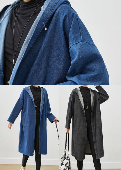 Black Oversized Denim Trench Coats Hooded Pockets Fall Ada Fashion