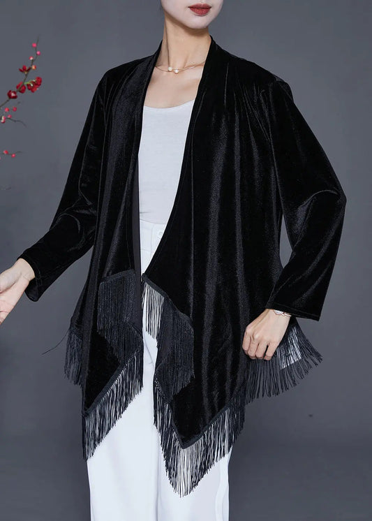 Black Oversized Silk Velour Cardigan Asymmetrical Tasseled Fall Ada Fashion