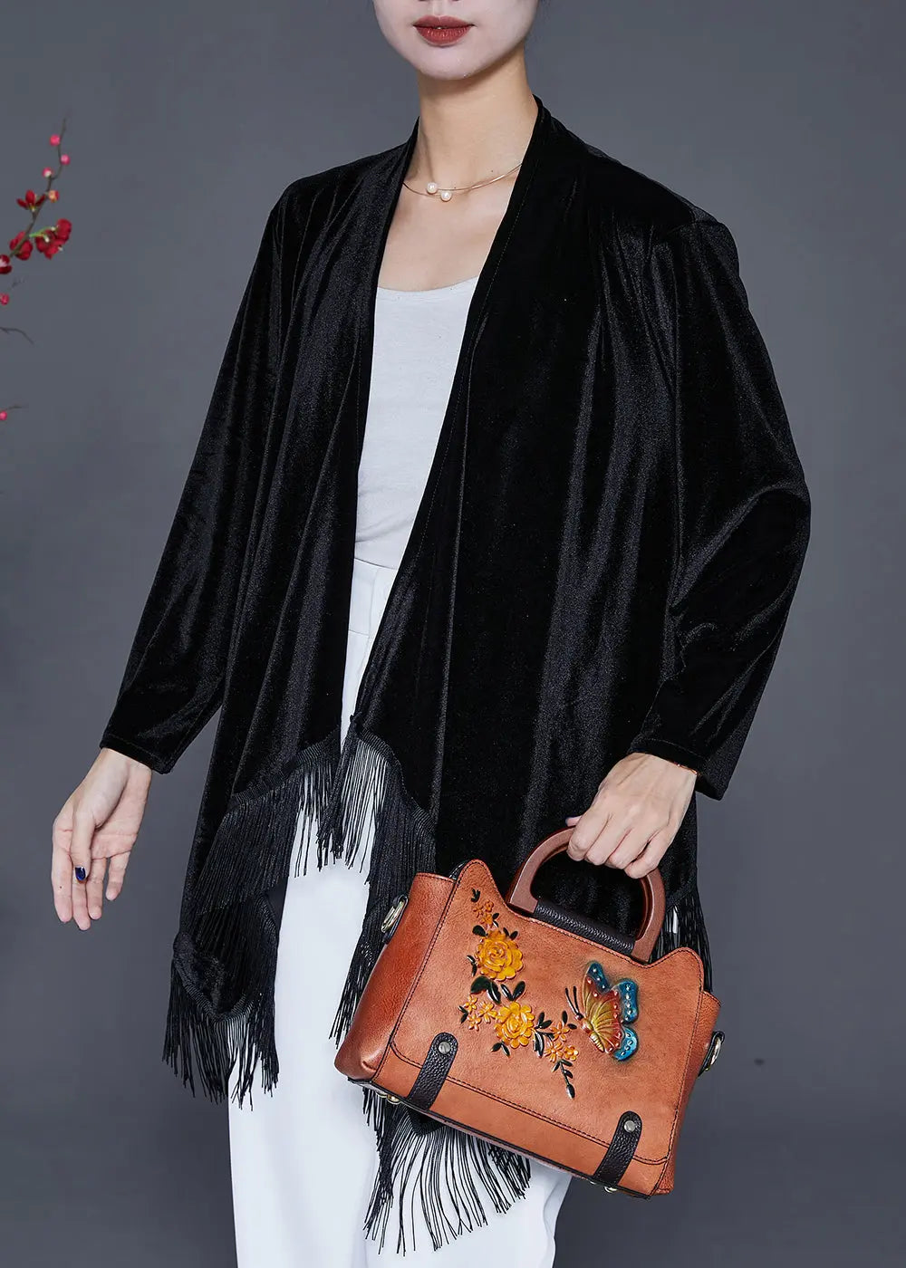 Black Oversized Silk Velour Cardigan Asymmetrical Tasseled Fall Ada Fashion