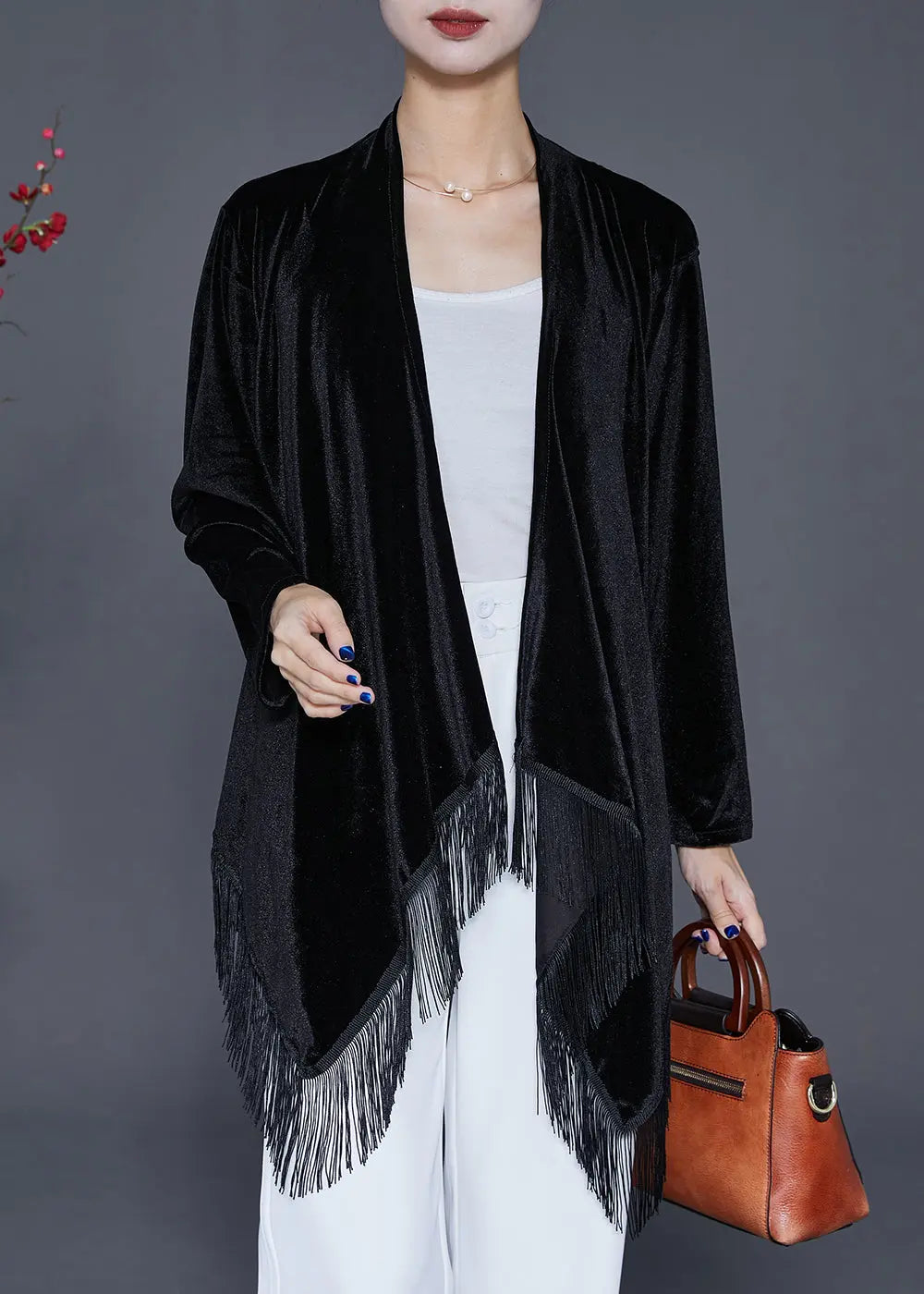 Black Oversized Silk Velour Cardigan Asymmetrical Tasseled Fall Ada Fashion