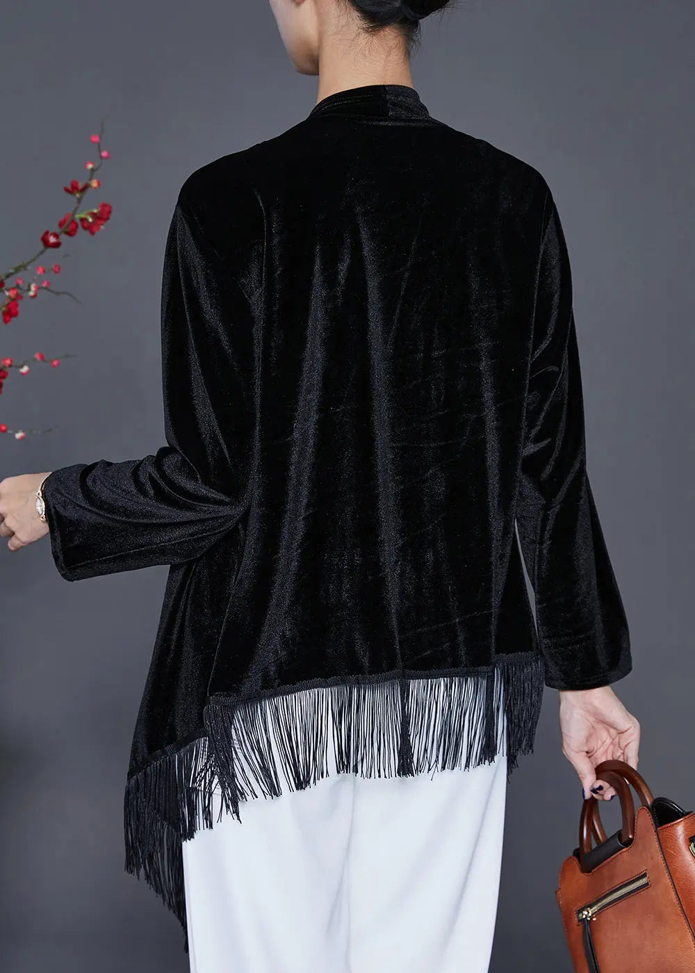 Black Oversized Silk Velour Cardigan Asymmetrical Tasseled Fall Ada Fashion