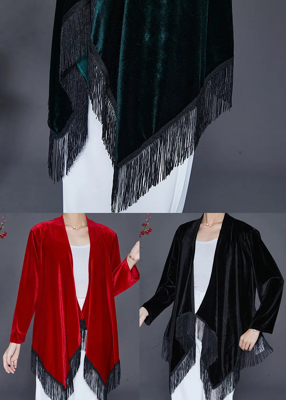 Black Oversized Silk Velour Cardigan Asymmetrical Tasseled Fall Ada Fashion