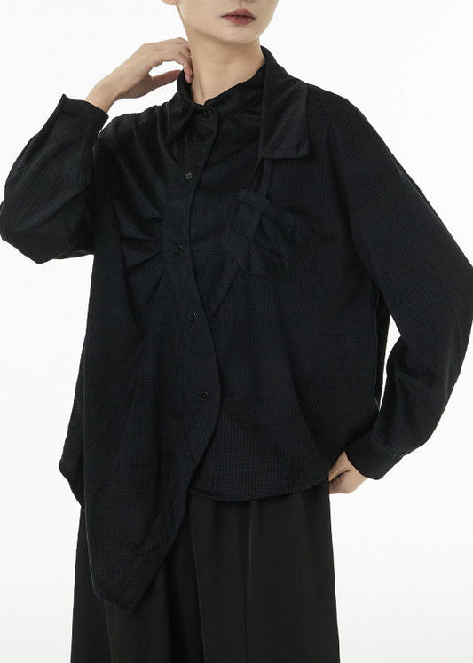Black Oversized Silk Velour Shirt Top Asymmetrical Design Spring TS1048 - fabuloryshop