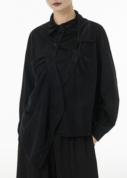 Black Oversized Silk Velour Shirt Top Asymmetrical Design Spring TS1048 - fabuloryshop