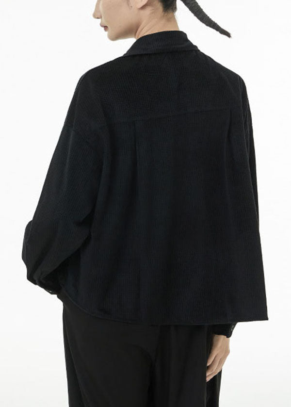 Black Oversized Silk Velour Shirt Top Asymmetrical Design Spring TS1048 - fabuloryshop