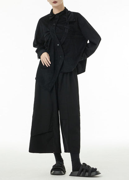 Black Oversized Silk Velour Shirt Top Asymmetrical Design Spring TS1048 - fabuloryshop