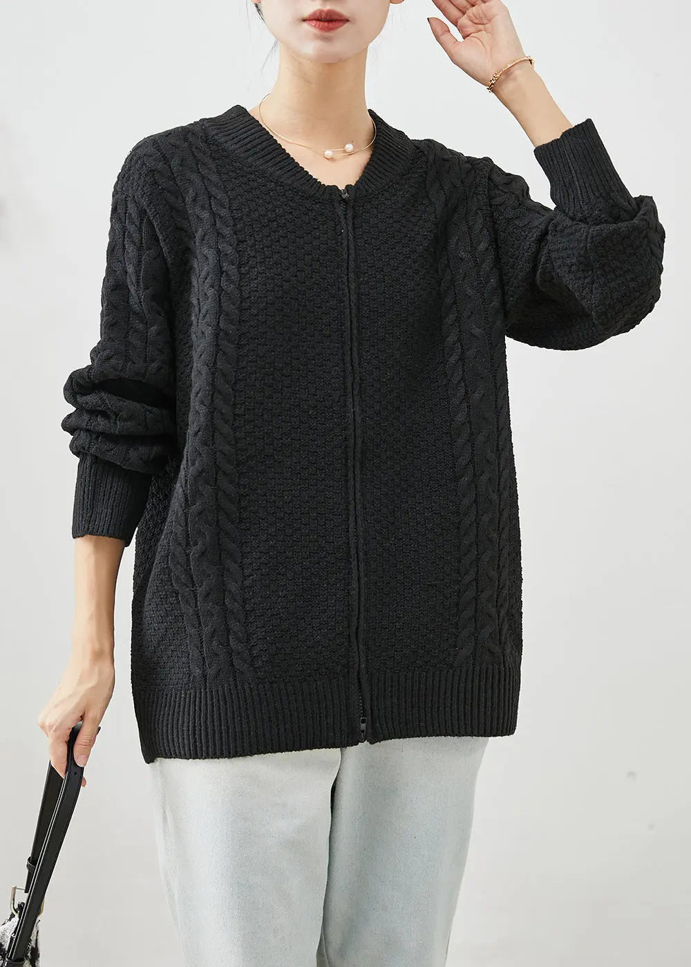 Black Oversized Warm Cable Knit Coats Zip Up Fall Ada Fashion