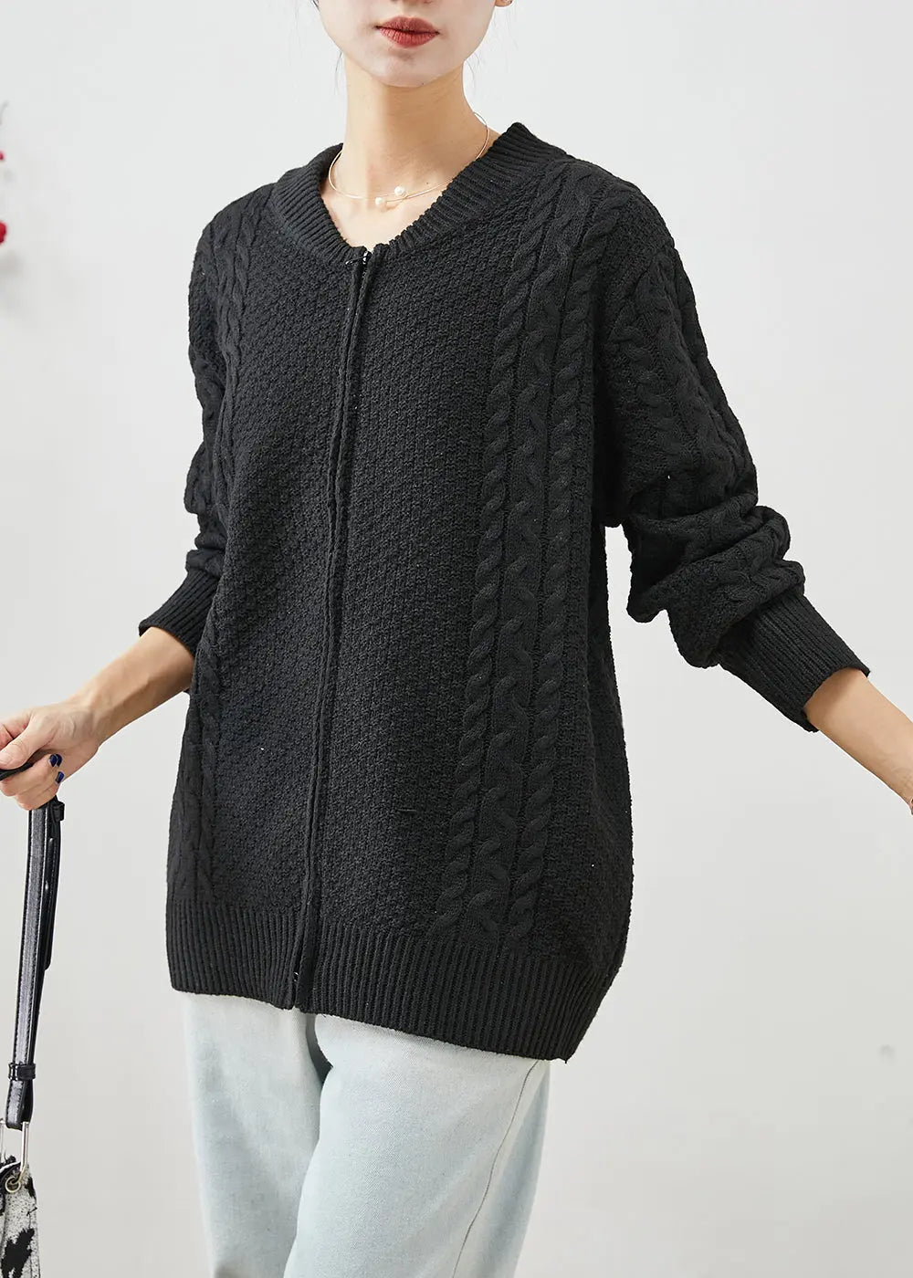 Black Oversized Warm Cable Knit Coats Zip Up Fall Ada Fashion