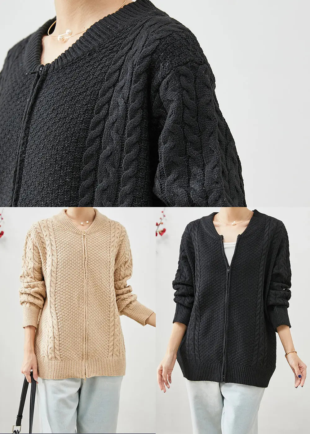 Black Oversized Warm Cable Knit Coats Zip Up Fall Ada Fashion