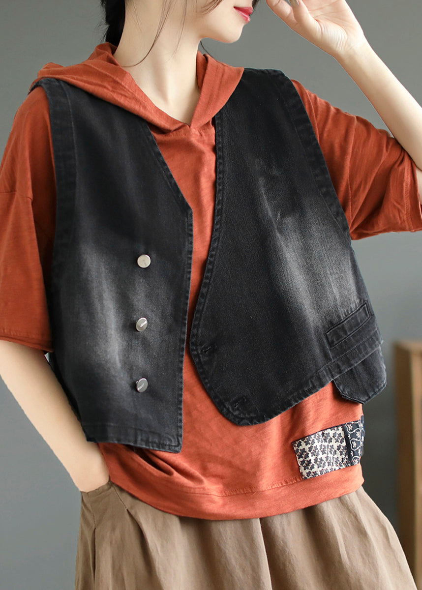 Black Patchwork Button Denim Coat Fall Ada Fashion