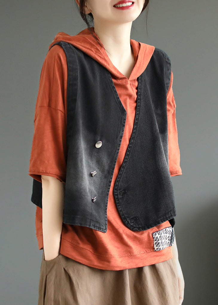 Black Patchwork Button Denim Coat Fall Ada Fashion