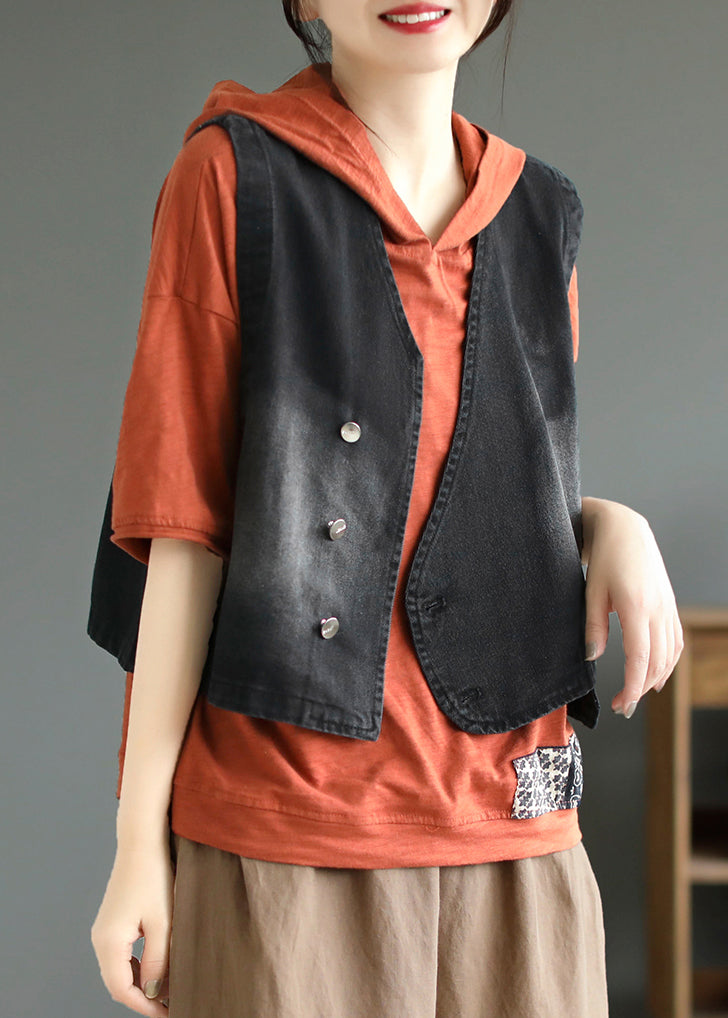 Black Patchwork Button Denim Coat Fall Ada Fashion