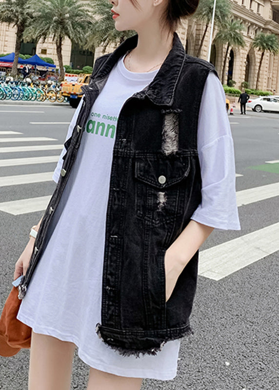 Black Patchwork Button Denim Waistcoat Fall Ada Fashion