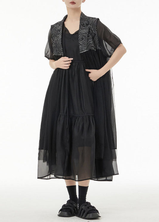 Black Patchwork Chiffon Long Cardigan Peter Pan Collar Sleeveless TS1035 - fabuloryshop